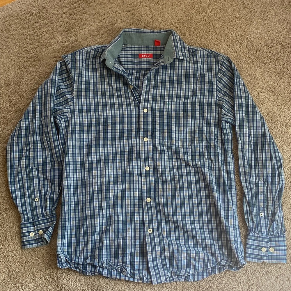 Blue and Green Checkered IZOD Long Sleeve Dress Shirt — size S — 100% Cotton